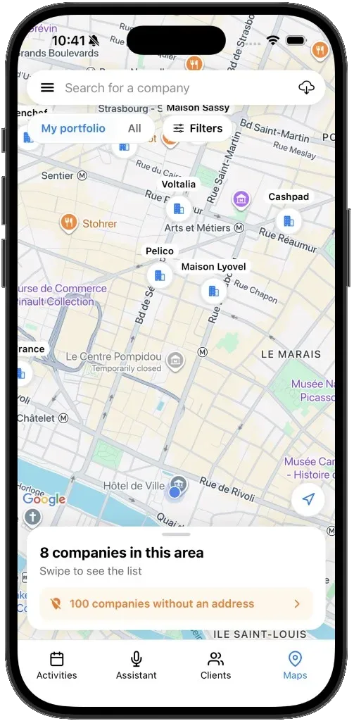 Map of companies to visit around the sales rep